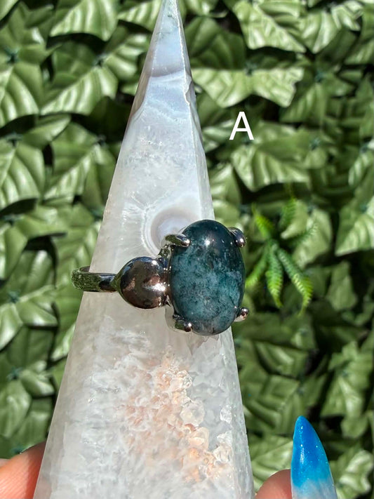 Moss Agate Statement Ring — Silver‑Tone Alloy (Sizes 20)